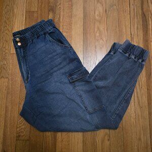 Almost Famous Women's Blue Denim Cargo Pant w Elastic Waistband Size Large